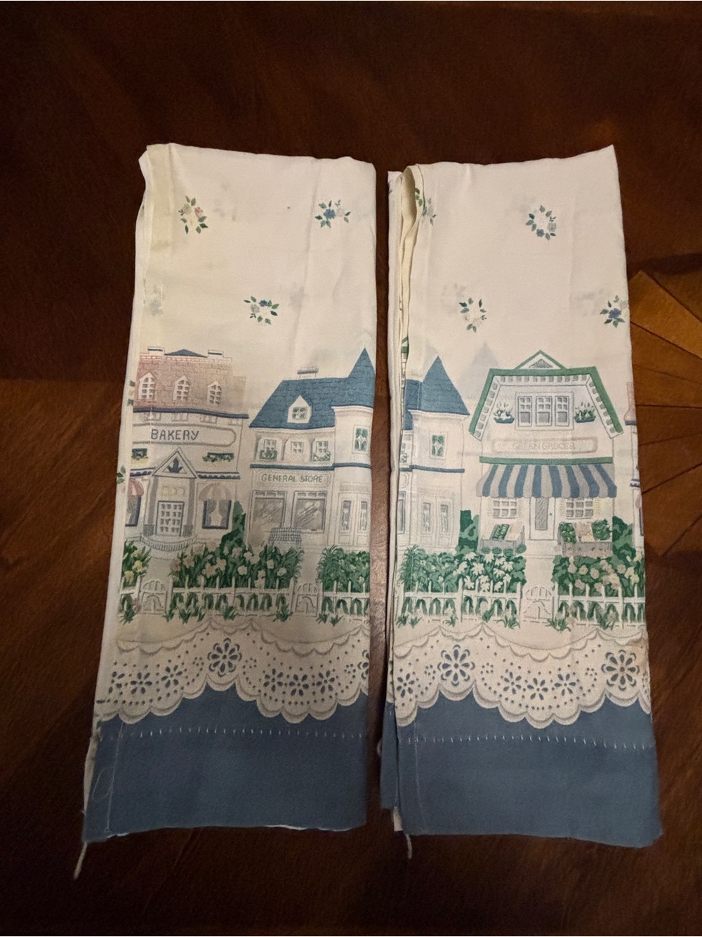 Vintage White Curtains with Blue and Green Cottage Village Print